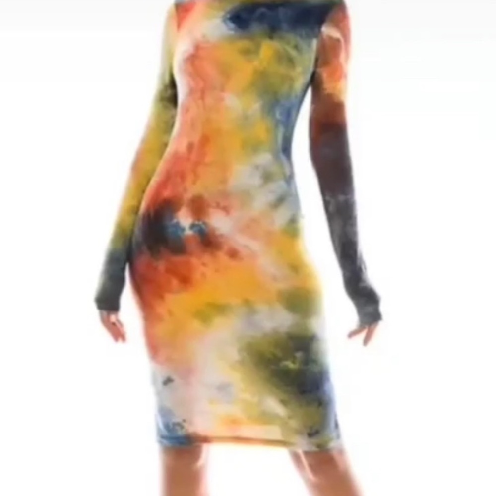 Women’s tie dye dress long sleeve knee length high neck dress Fashion Love